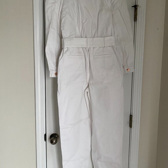 Puff Sleeve Tie Waist Medium Wash Denim Jumpsuit - Picture 1 of 2